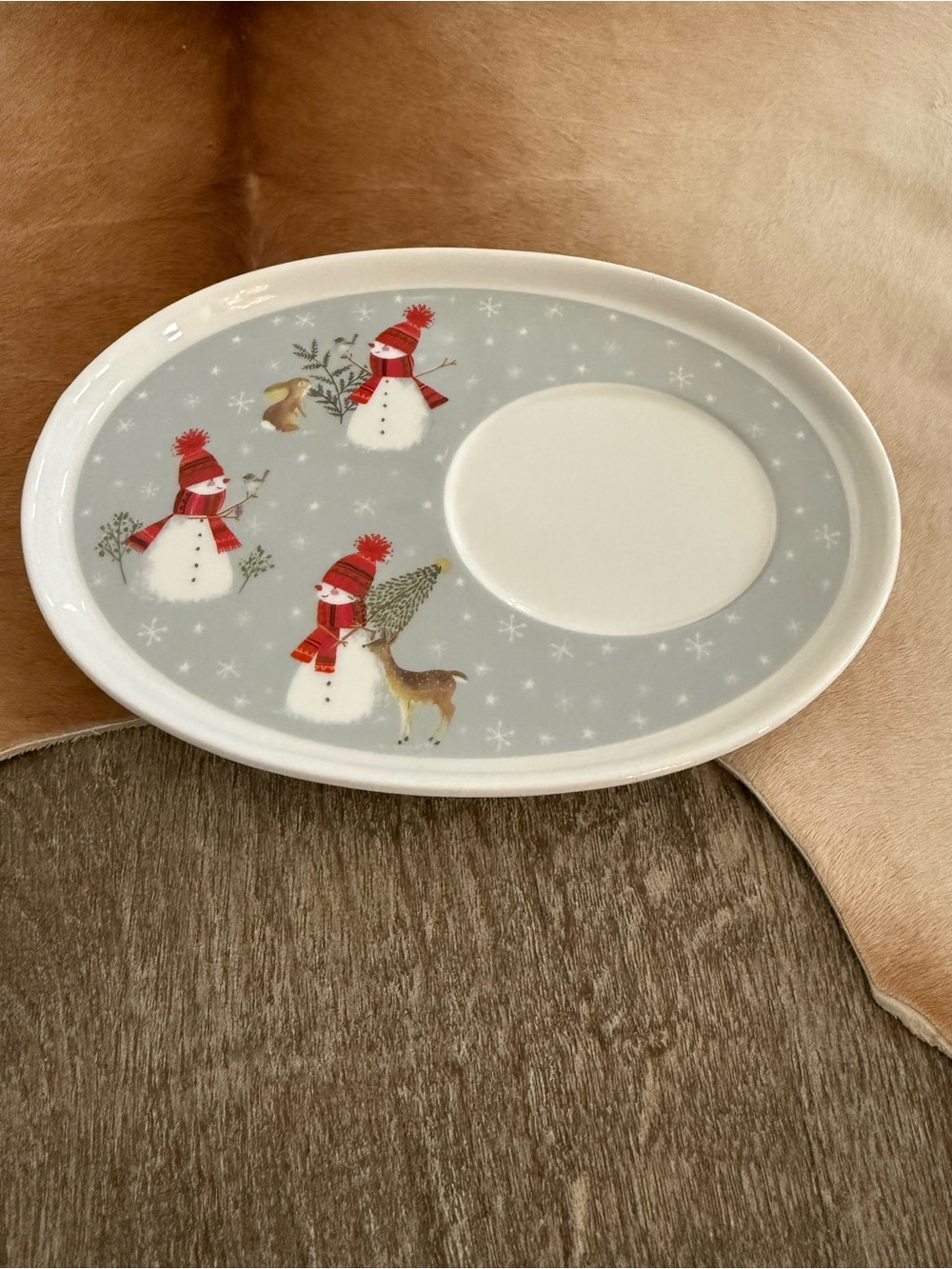 Grace Teaware Fine Porcelain Snack Tray Snowmen Deer Collection